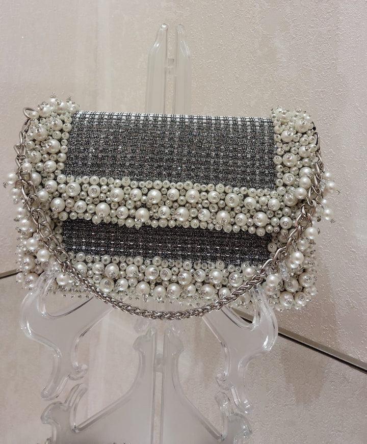 Shimmering Tweed & Pearl Embellished Evening Bag| Al Falah