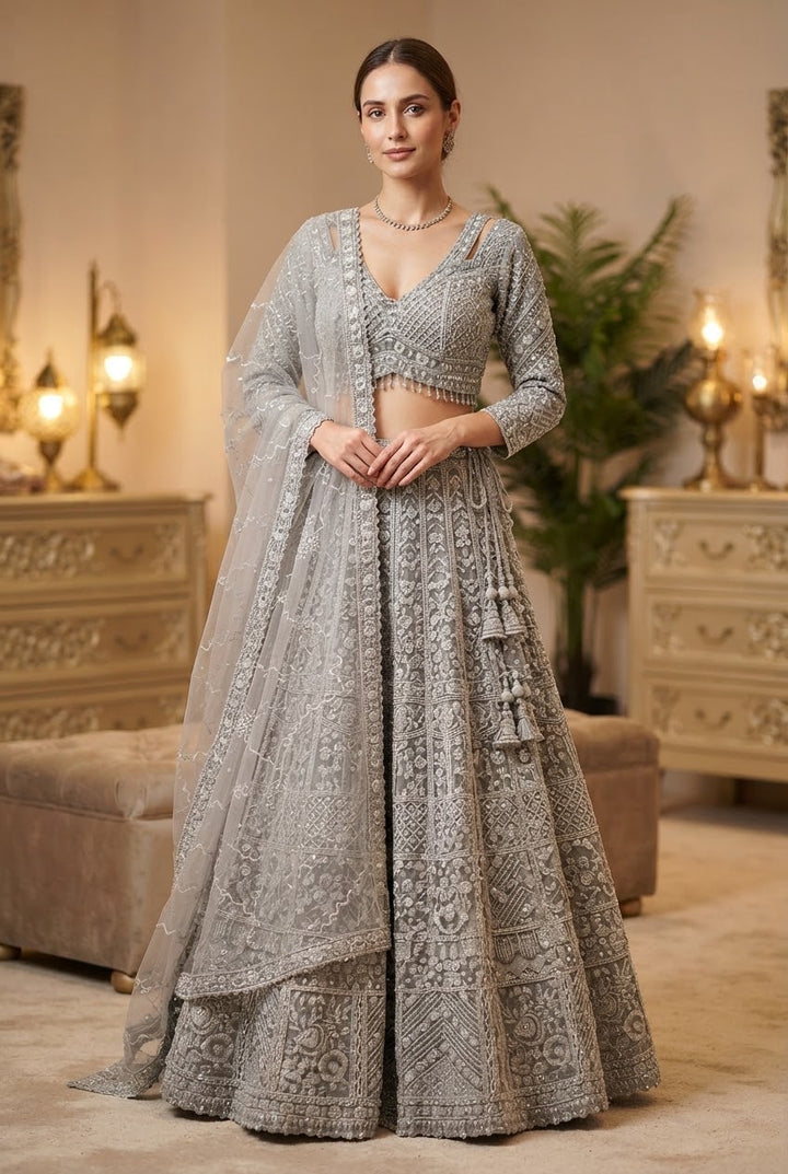 Shagun Metallic Silver Lehenga with a Cut-Out Sleeve Blouse Set | Inaayat by Divya Taimni
