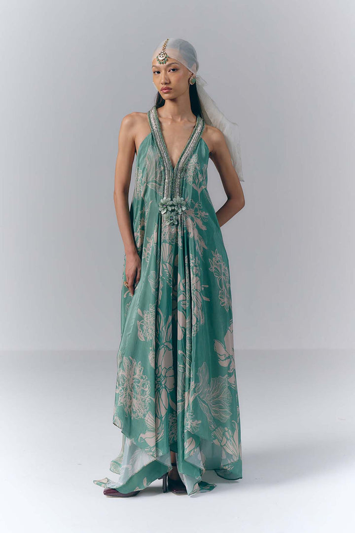 Aqua Whisper printed Long Dress|VARUN BAHL