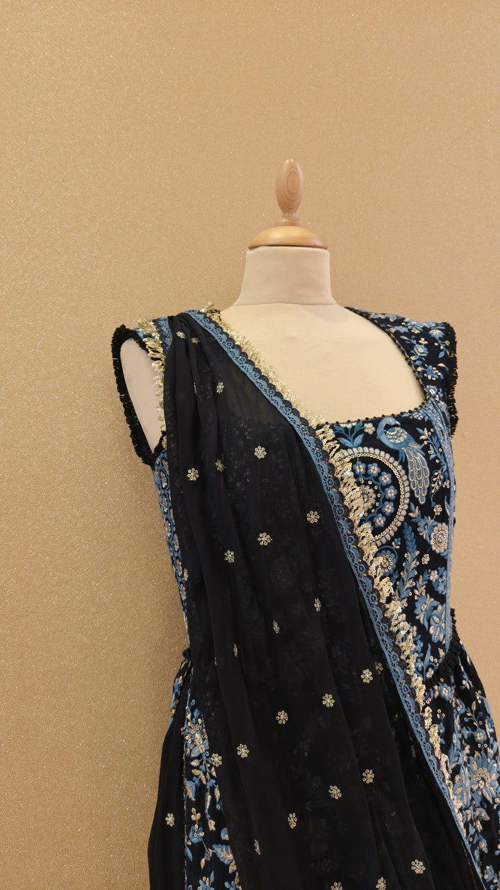 Blue & Beige thread embroidered corsetted kurta with georgette drape & slim slit pants| Private Collection