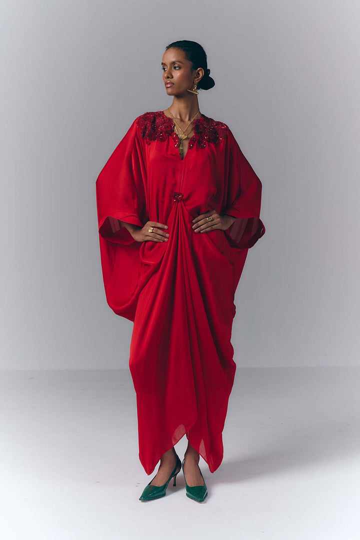Crimson Draped Kaftan|VARUN BAHL