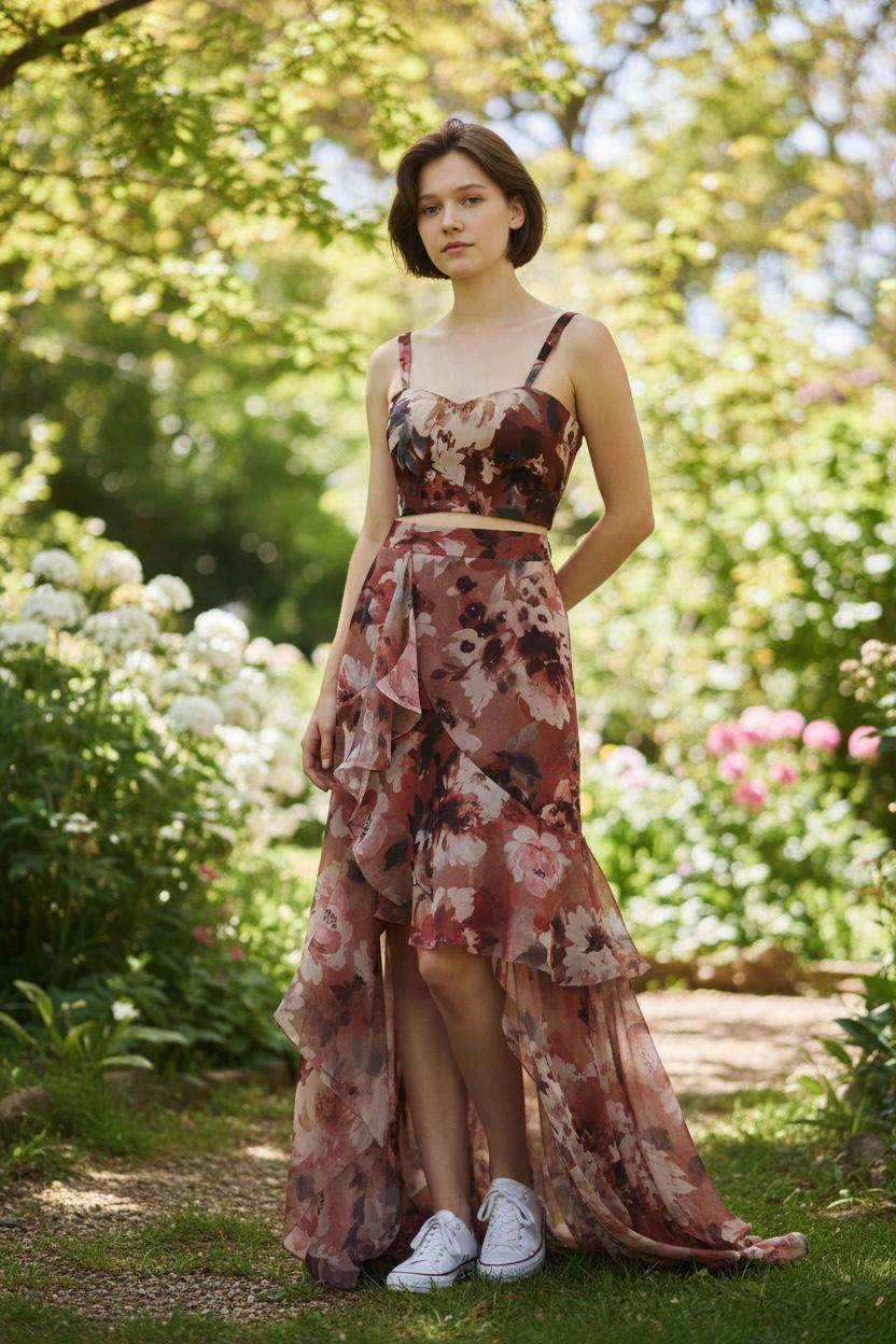 Floral Print Crop Top & High-Low Skirt Set |VARUN BAHL
