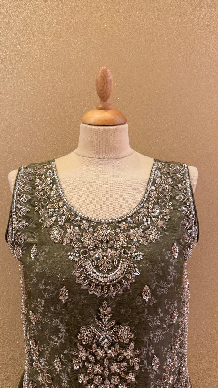 Olive Green Embellished Peplum and Sharara Set| Maya Chabra