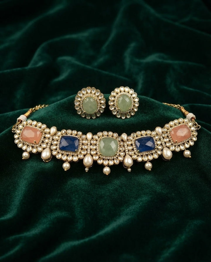 Multicolour Gemstone Kundan Choker Necklace Set| Vivinia by Vidhi Mehra