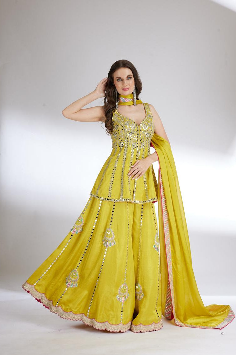 Yellow Embellished Peplum Top and Flowy Pant Set| AURAROZE