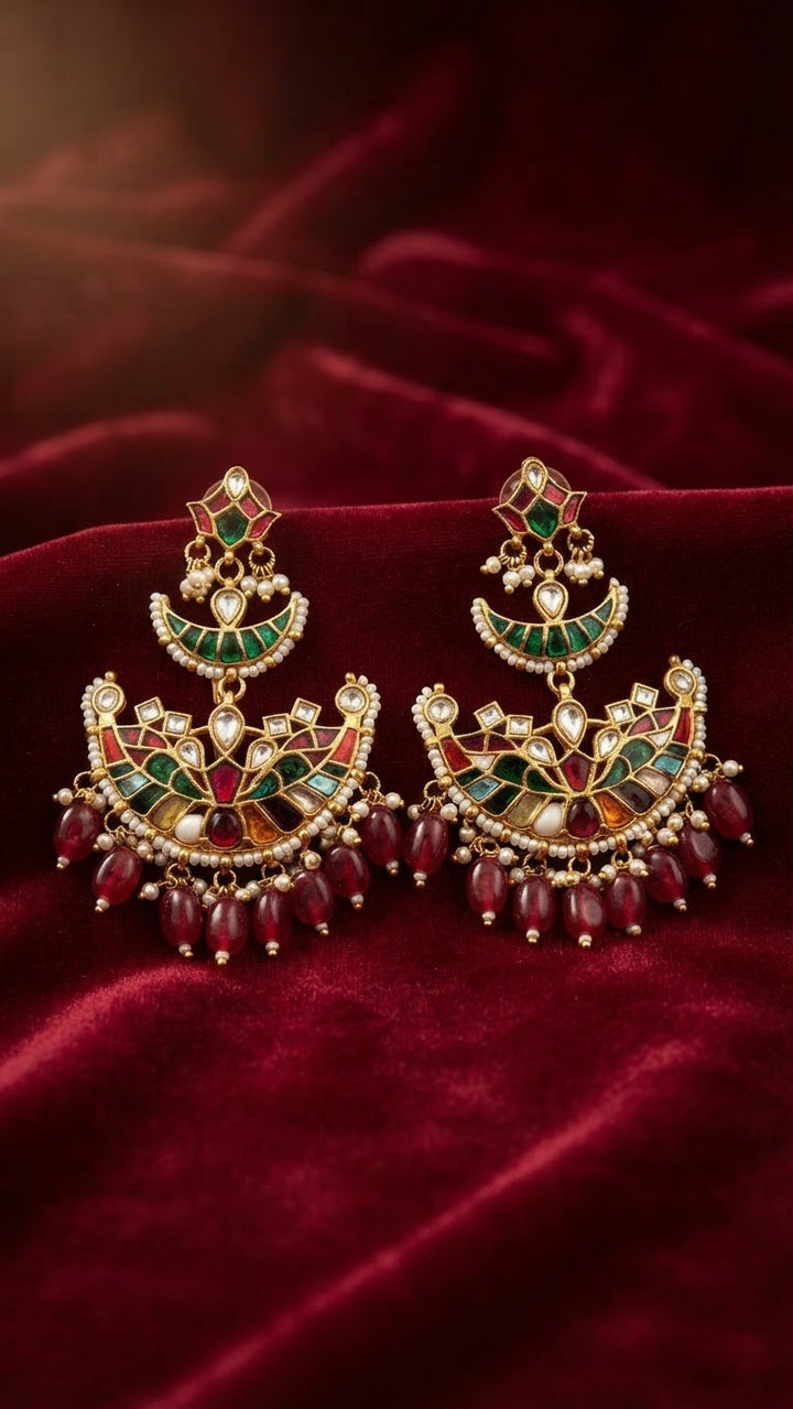 Meenakari & Kundan Chandbali Earrings with Bead Drops|Vivinia by Vidhi Mehra