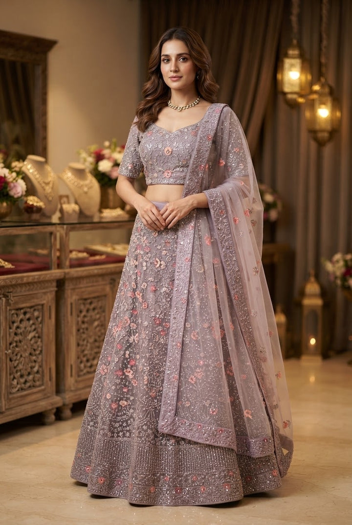 Shagun Lilac, Pink and Silver Net Lehenga (Unstitched) | House of Inaayat