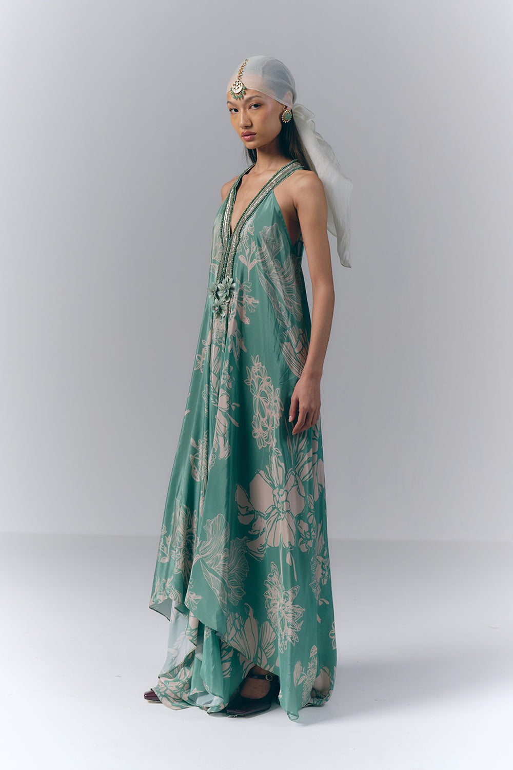 Aqua Whisper printed Long Dress|VARUN BAHL