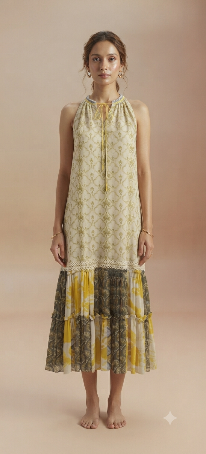 Yellow & Off-White Tiered Dress|VARUN BAHL