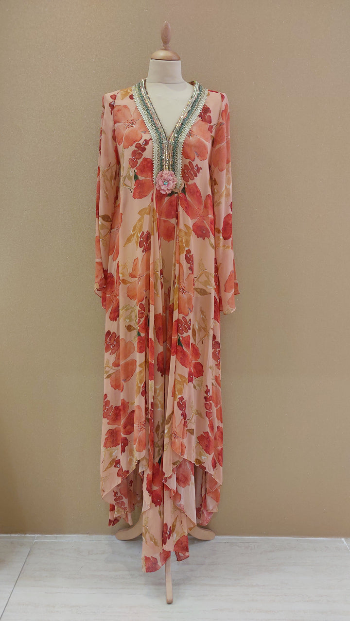 Peach Printed Front-Open Kaftan Set | VARUN BAHL