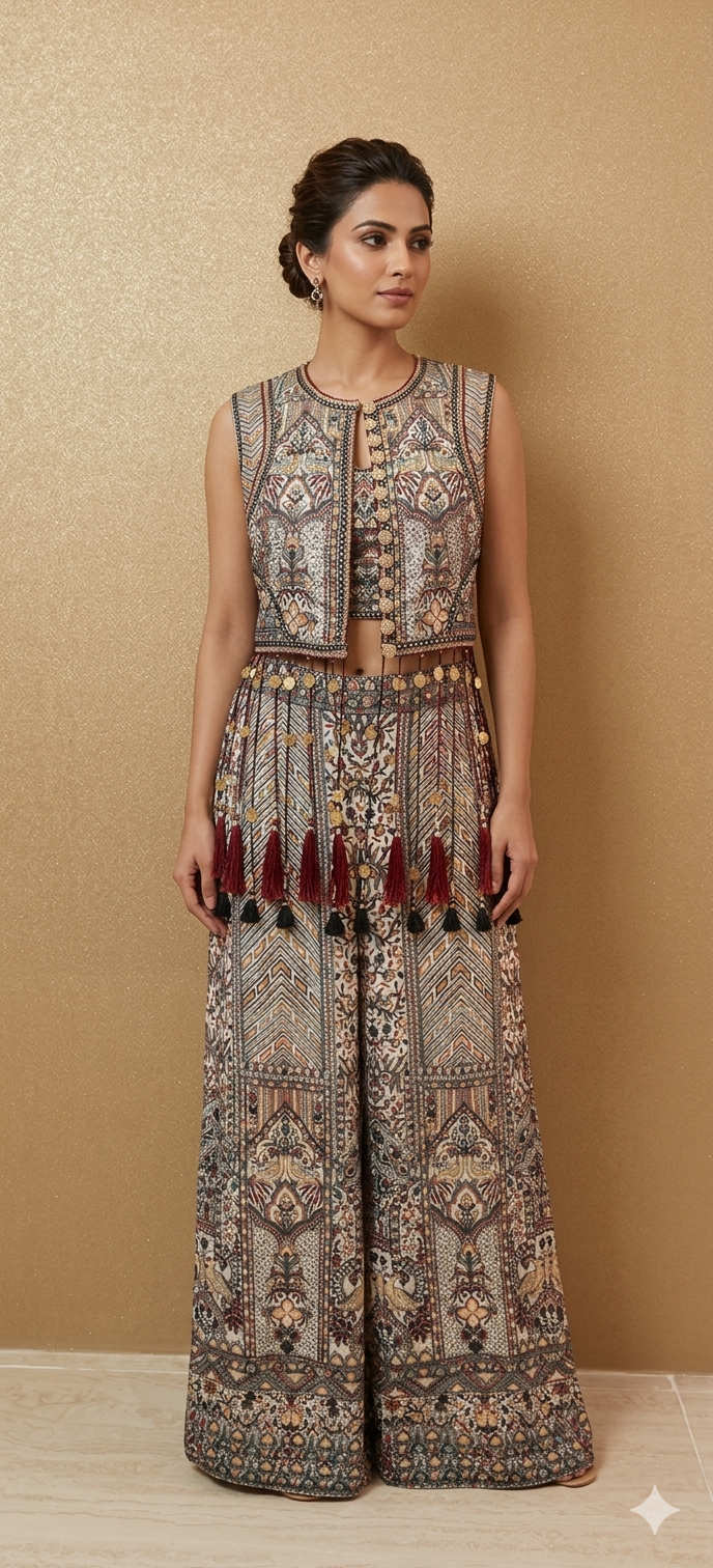 White Thread Work Gilet with Tassels, Tube Top and Straight Pants| Private Collections