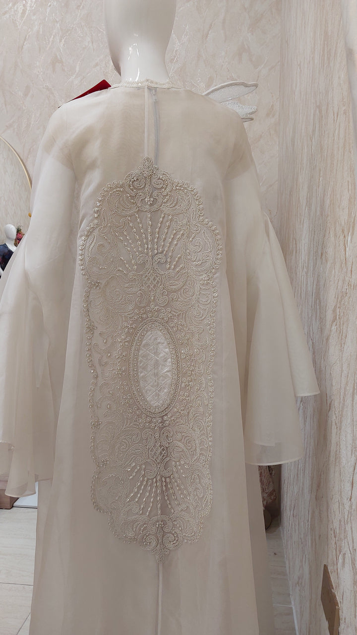 Nude Beige Pearl-Embellished Top & Flared Pants with Cape |VARUN BAHL