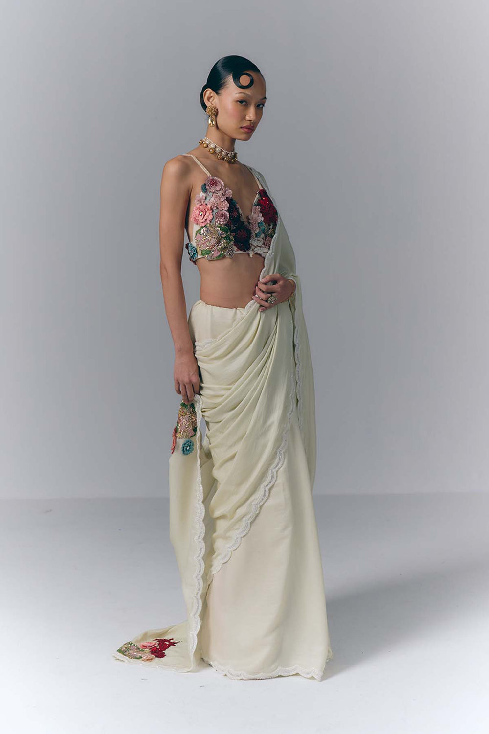 Ivory Blossom Drape Saree Set|VARUN BAHL
