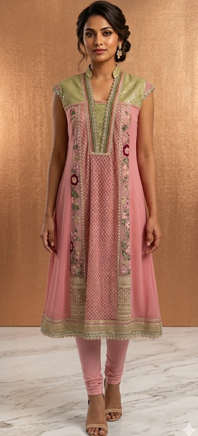 Rose pink and green Kali kurta top with sleep and churidar| Private Collections