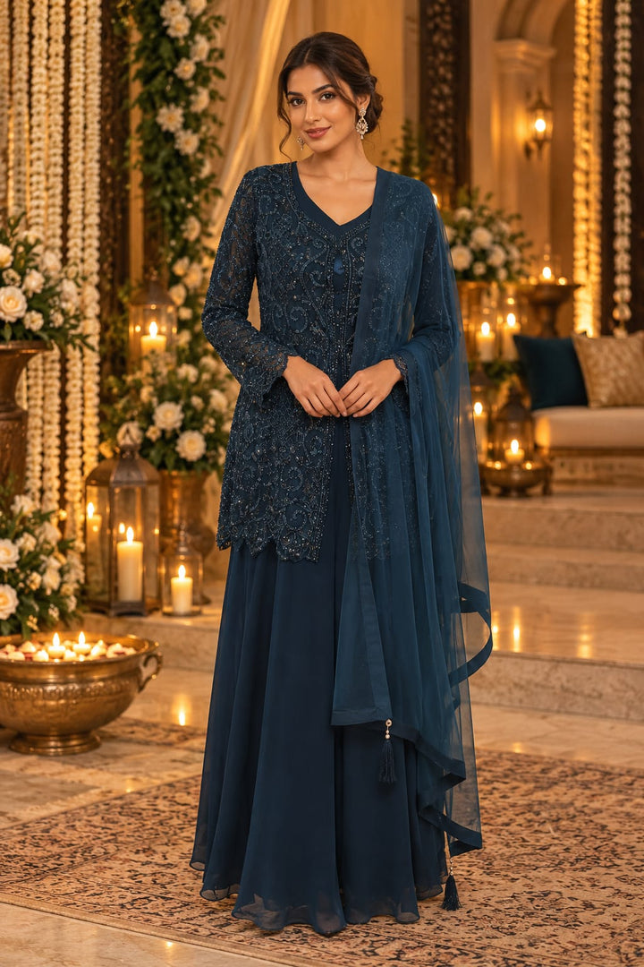 Deep Teal Embellished Jacket Sharara Set with Dupatta | Maya Chabra