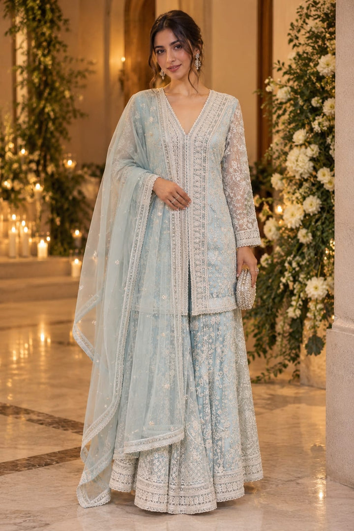 Pastel Blue Embroidered Kurti and Flared Straight Pants Set| Maya Chabra