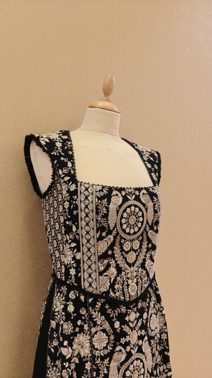 Black & Beige thread embroidered corsetted kurta with georgette drape & slim slit pants| Private Collection