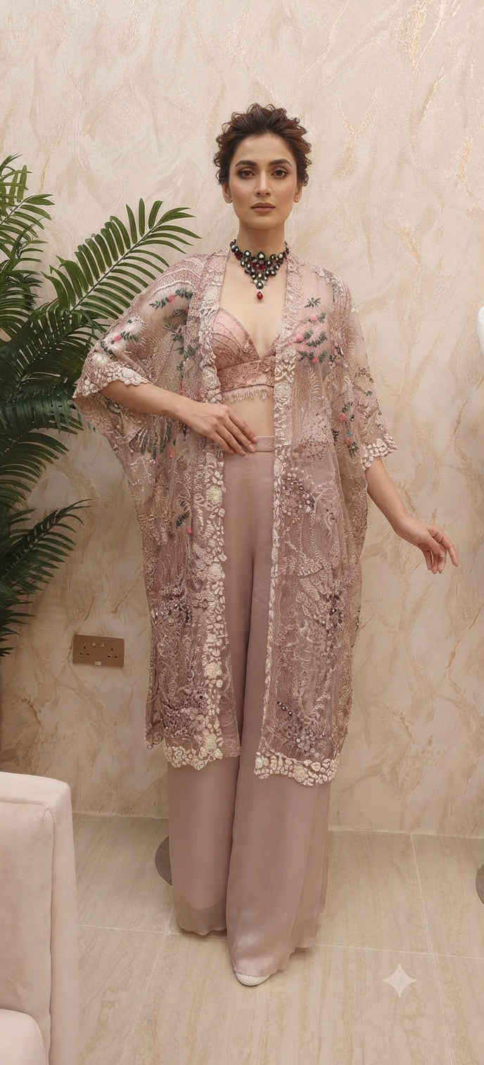 Dusty Pink Hand-Embroidered Cape Set|VARUN BAHL
