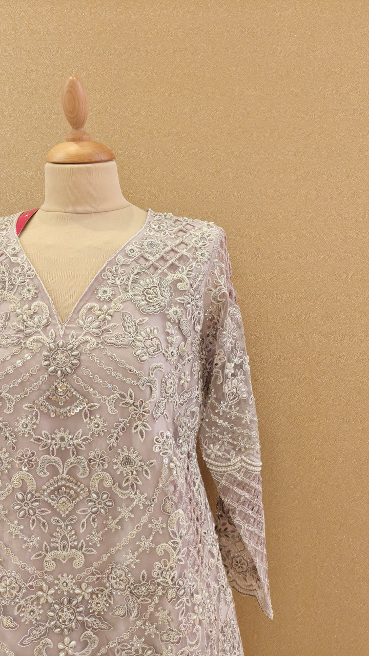 Lilac Net Embroidered Sharara Set| Maya Chabra