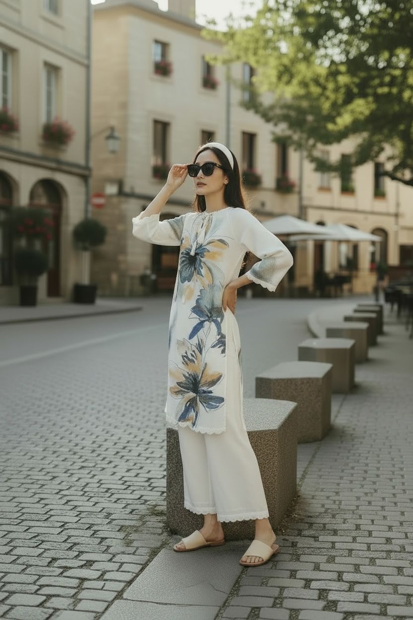 White Floral Print Kurta Set|VARUN BAHL