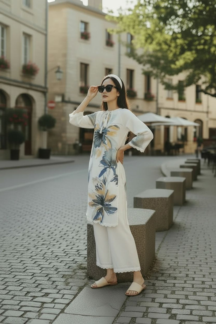 White Floral Print Kurta Set|VARUN BAHL
