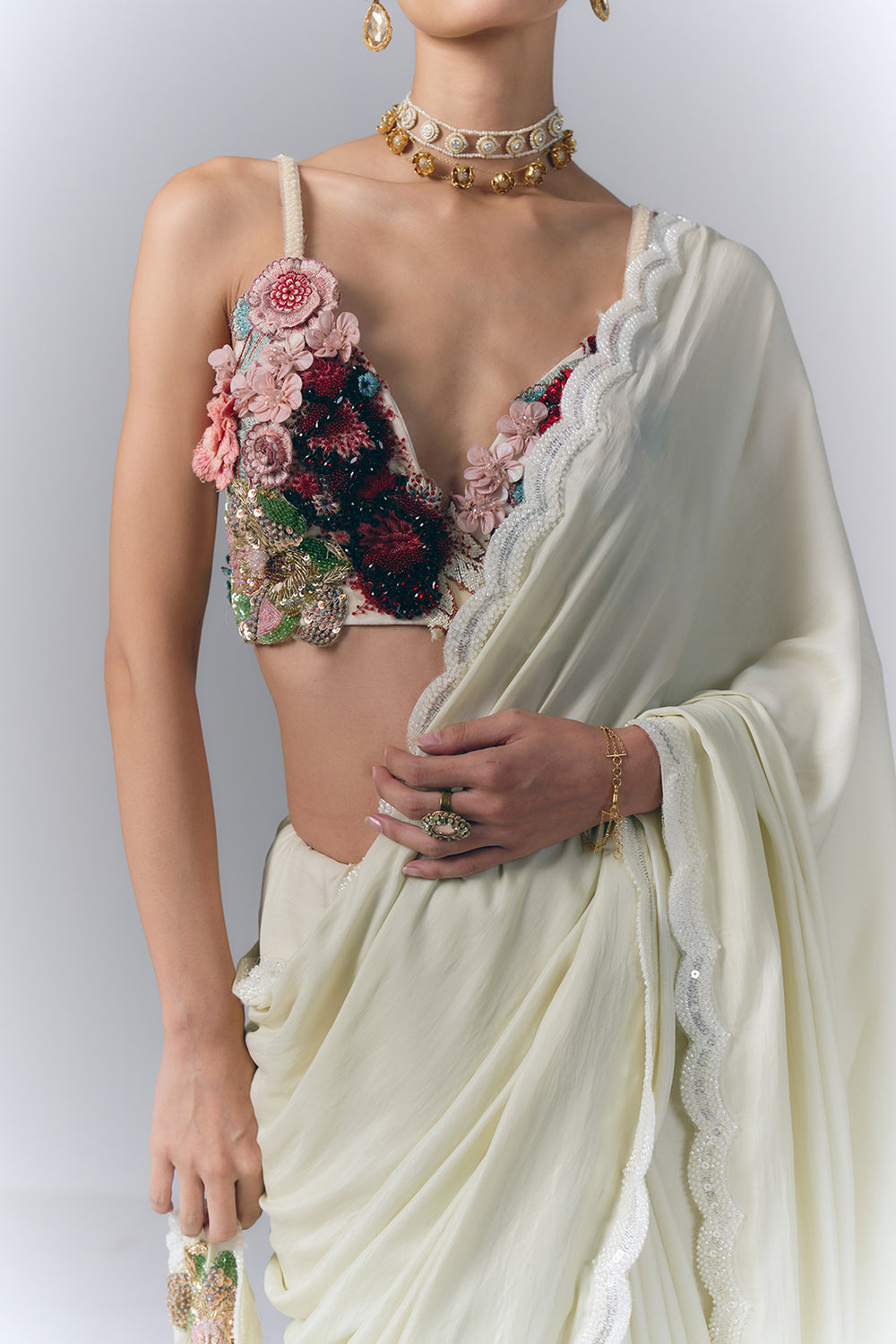 Ivory Blossom Drape Saree Set|VARUN BAHL