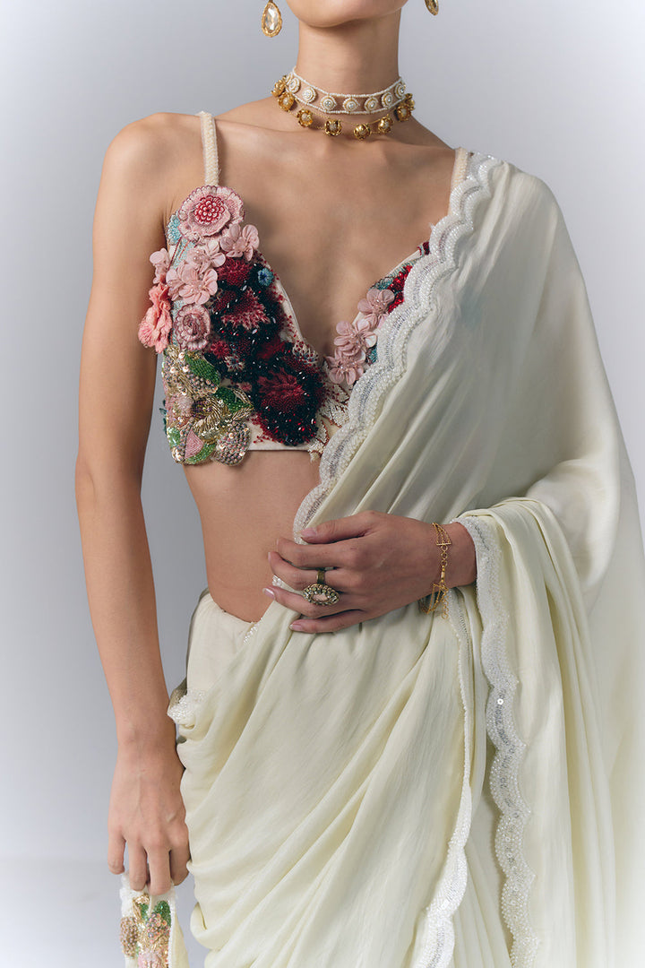 Ivory Blossom Drape Saree Set|VARUN BAHL