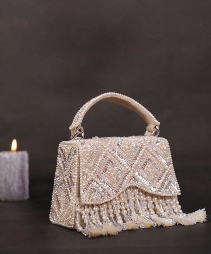Shimmering Pearl and Crystal Beaded Evening Bag| Al Falah