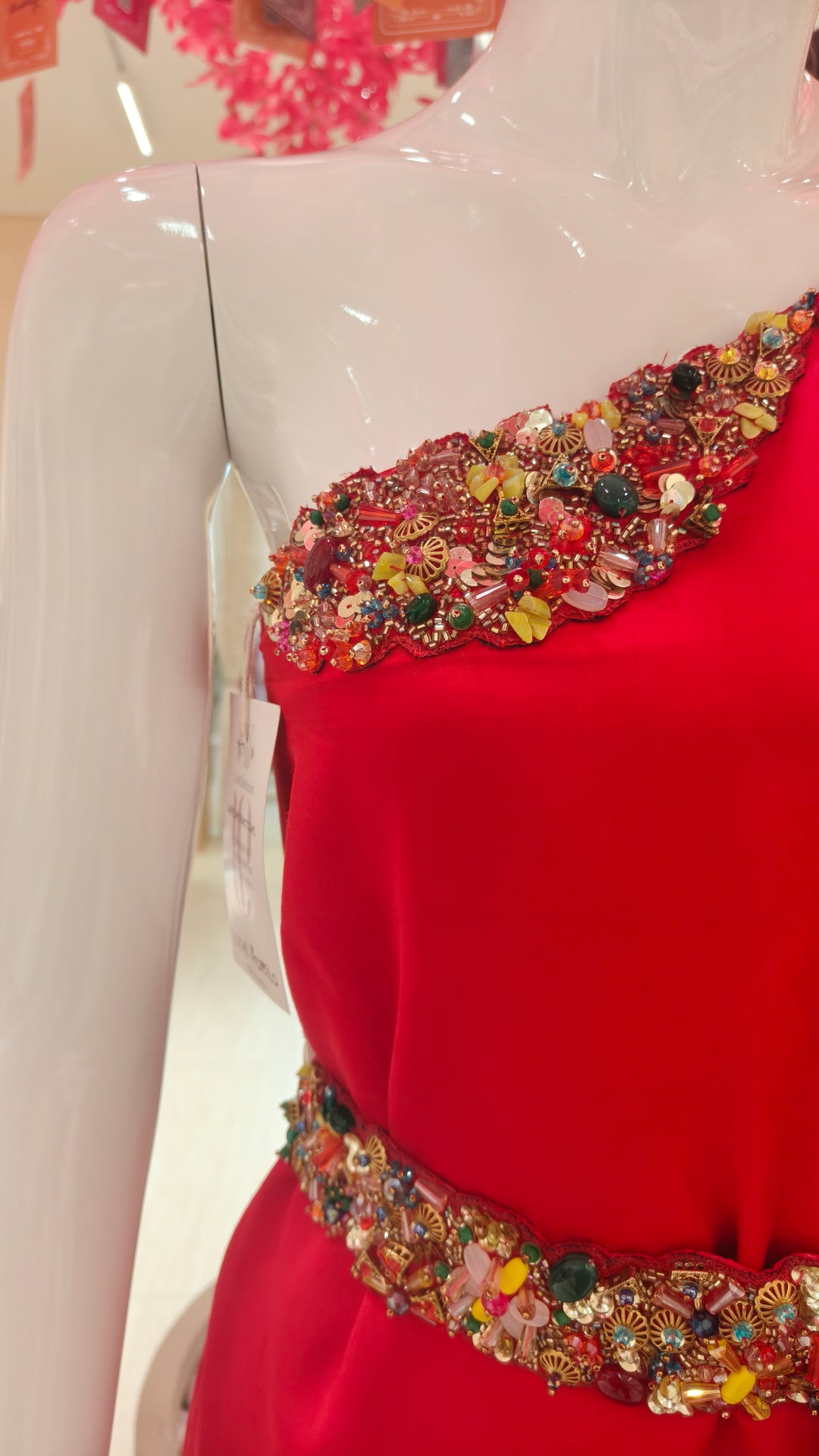 Red Embellished One-Shoulder Asymmetric Gown with Matching Belt | Label Pramila