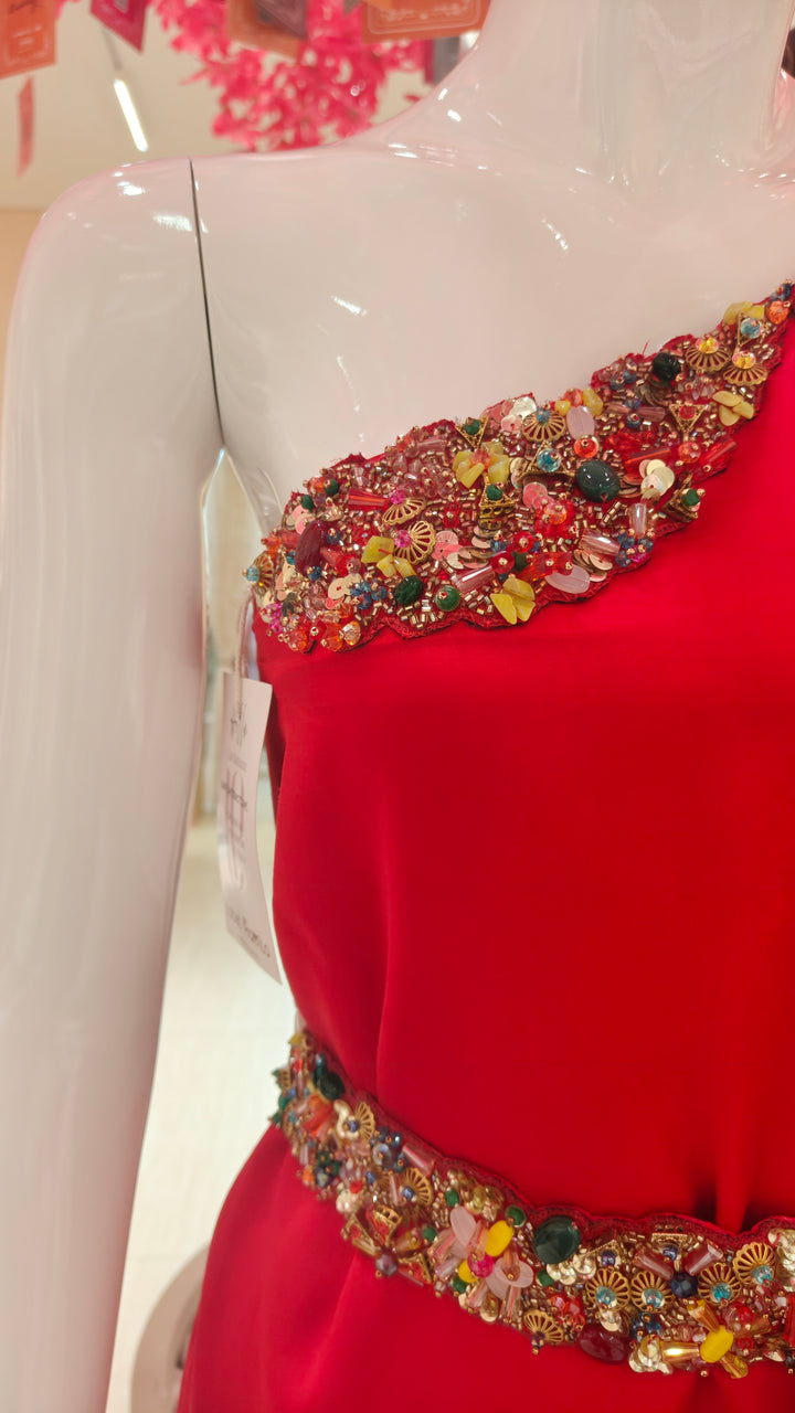 Red Embellished One-Shoulder Asymmetric Gown with Matching Belt | Label Pramila