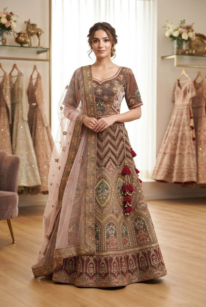 Mocha Gold Embroidered Heritage Lehenga Set | Inaayat by Divya Taimni