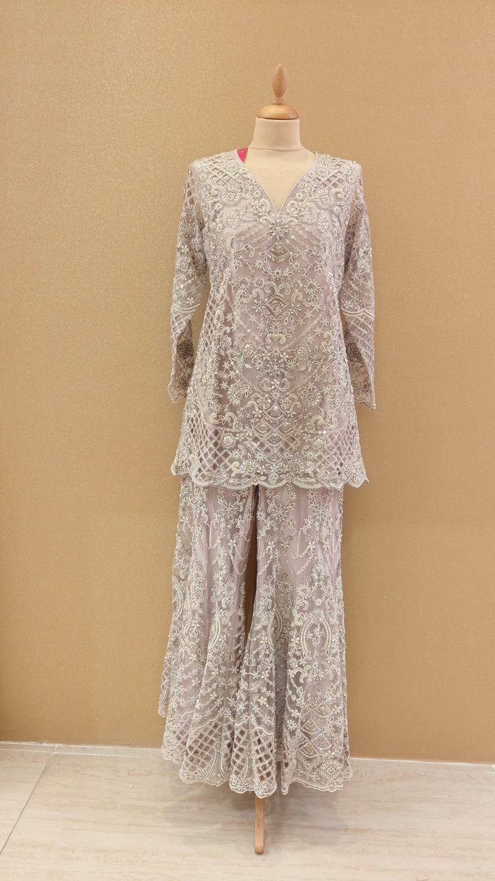 Lilac Net Embroidered Sharara Set| Maya Chabra