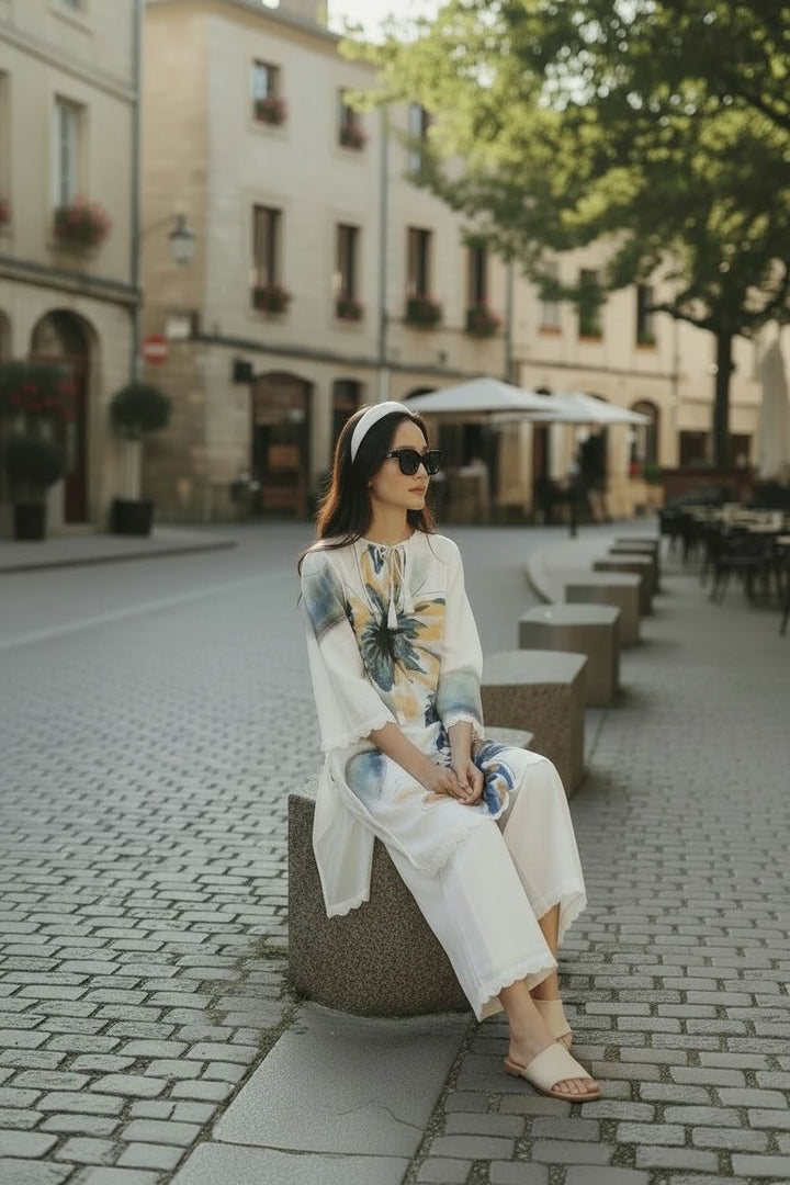 White Floral Print Kurta Set|VARUN BAHL