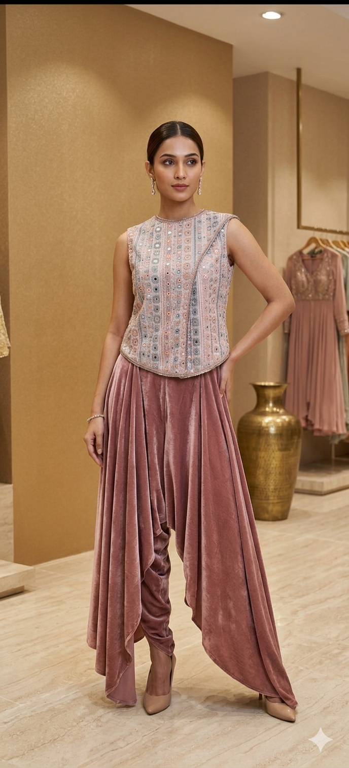 Rose Pink Draped Mirror Top and Velvet Drop Crotch Pant| Private Collections