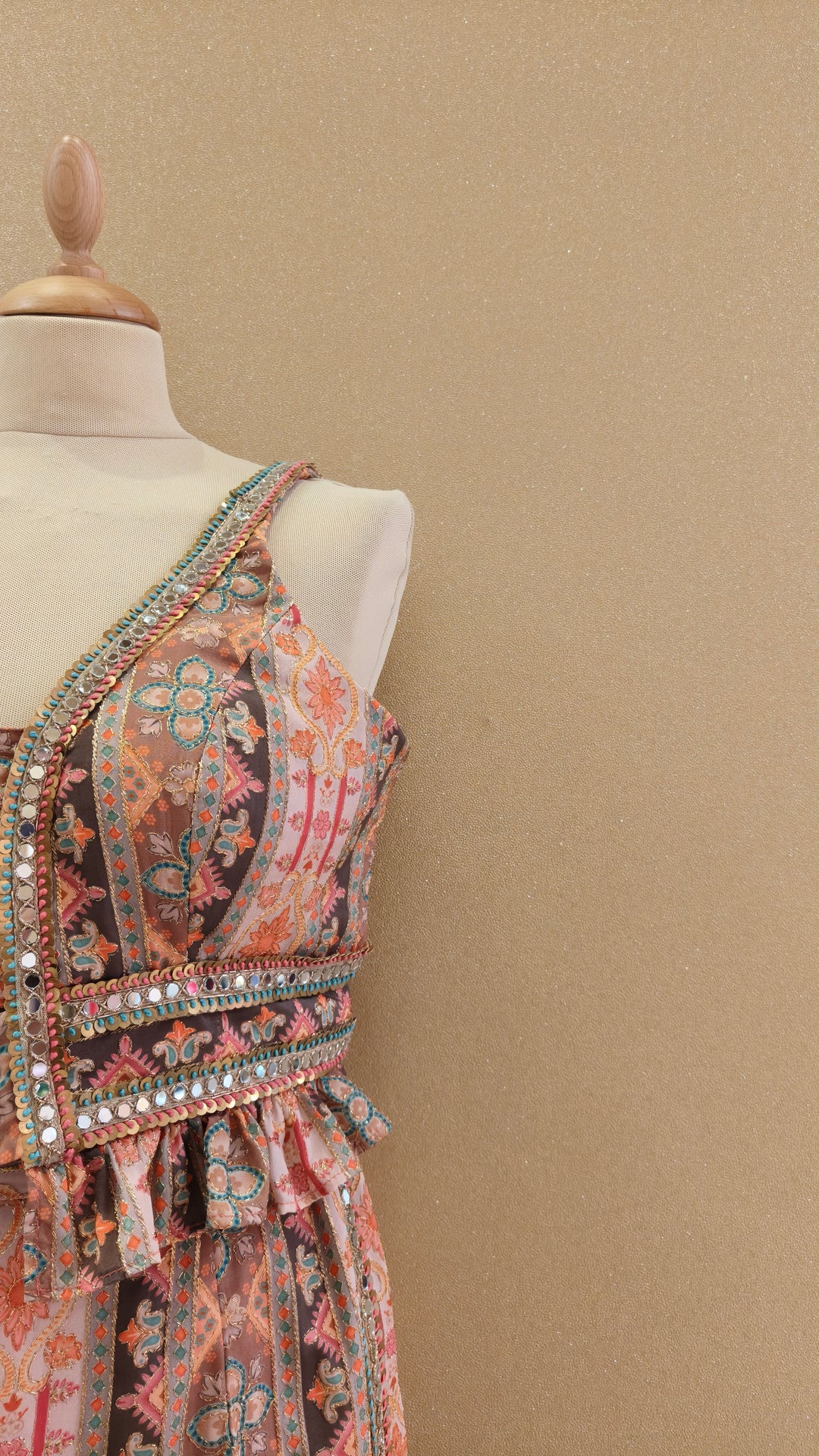 Rust Printed Frill Top with Mirror Work & Straight Pants| Private Collection