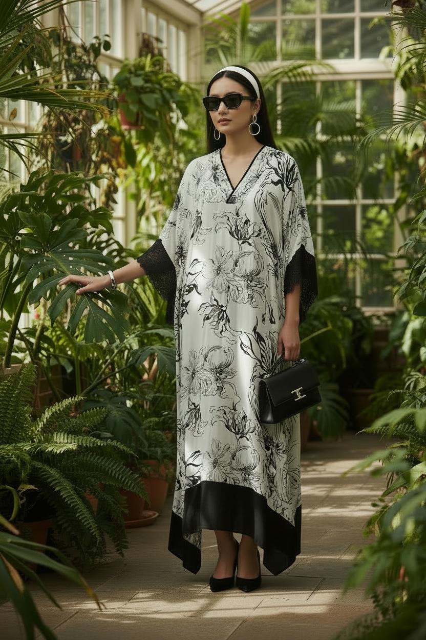 Black & White Floral Print Kaftan |VARUN BAHL