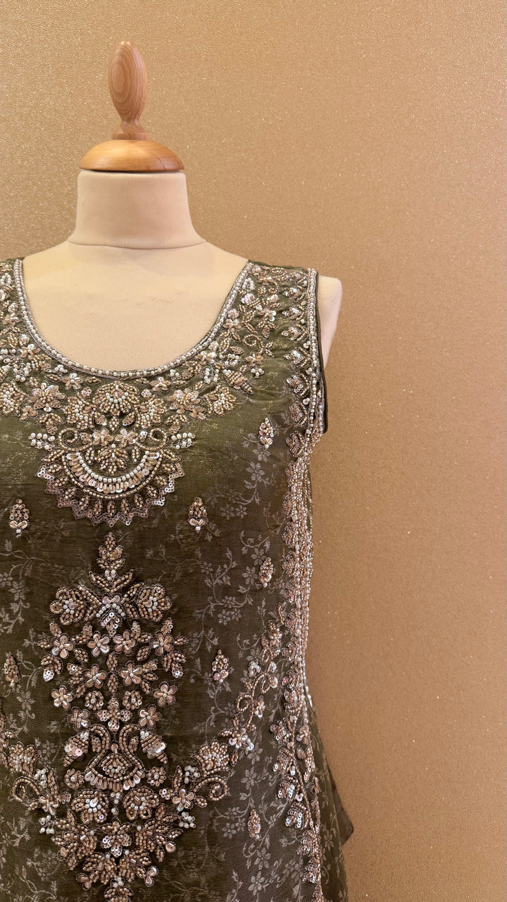 Olive Green Embellished Peplum and Sharara Set| Maya Chabra