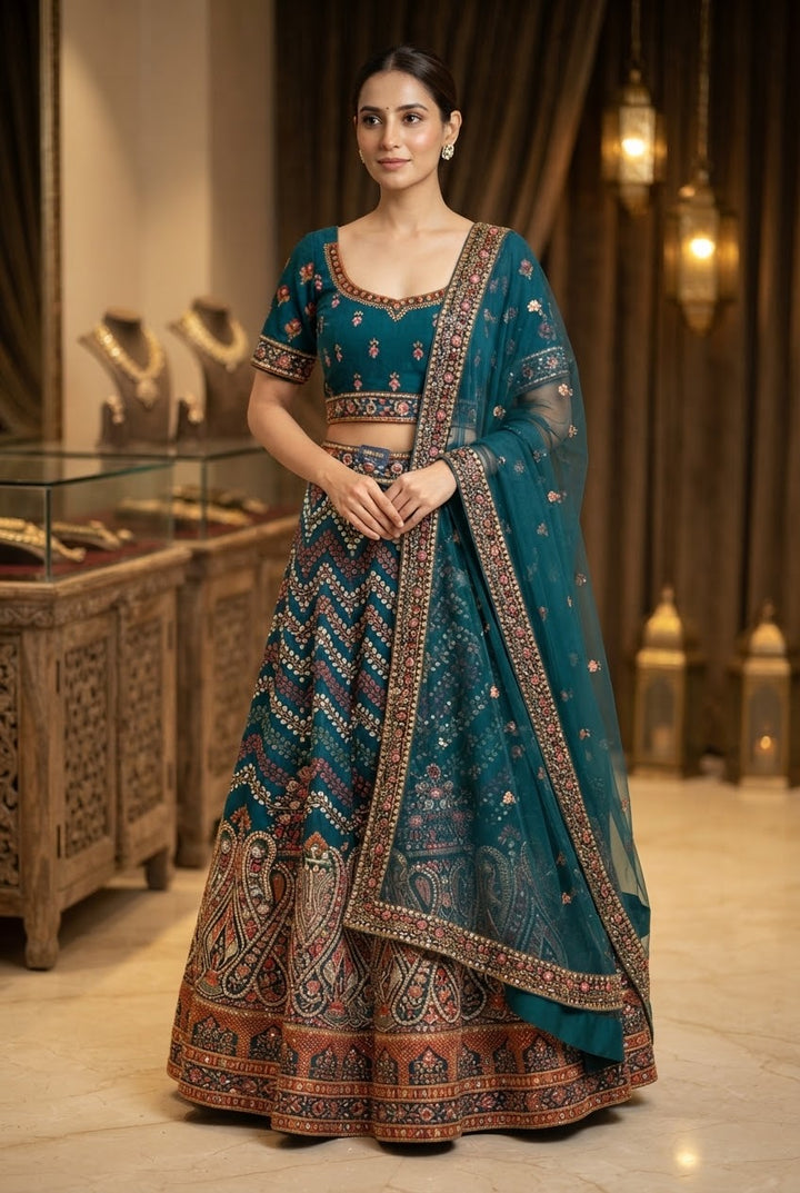 Shagun Peacock Blue Geometric Colorful Dotted Chevron Design Lehenga Set (Ready to Wear)
