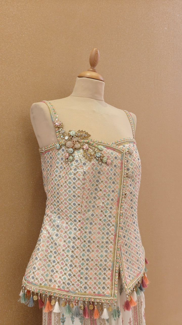 Cream Pastel 4-Button Top & Kali Sharara Set| Private Collection