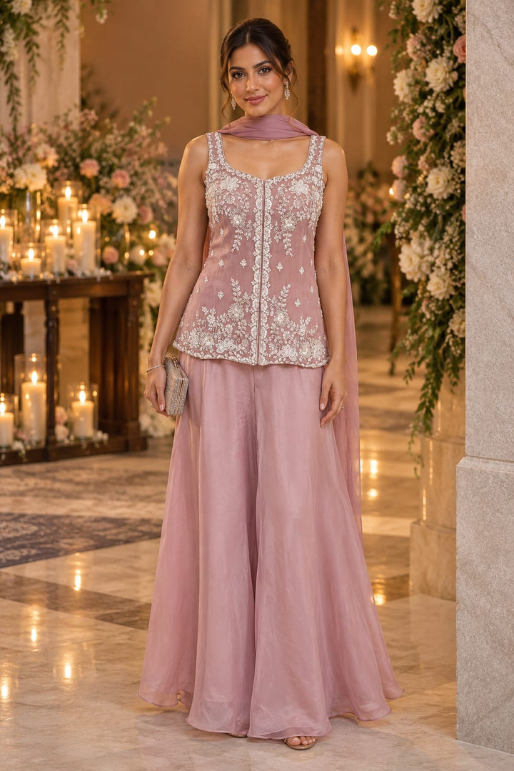 Pink Embroidered Peplum Top and Flared Pants Set| Maya Chabra