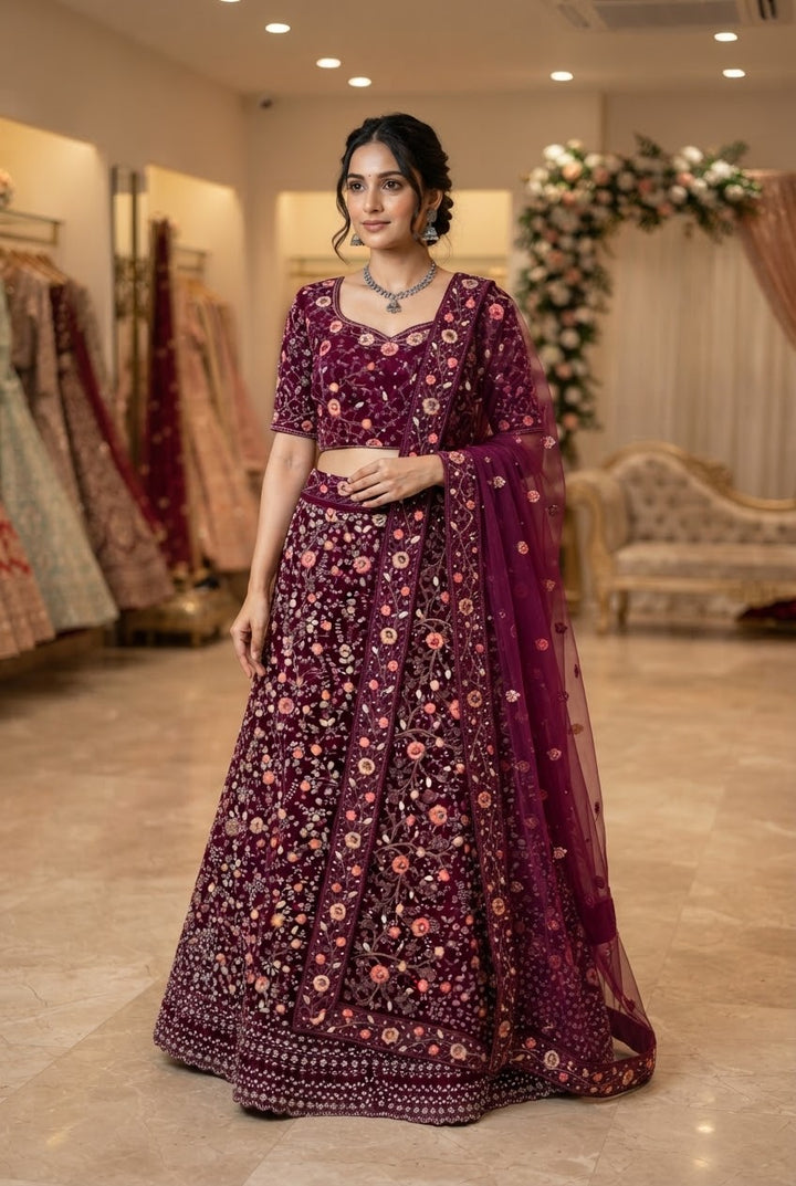 Shagun Wine Coloured Lehenga (Unstitched) | Inaayat by Divya Taimni