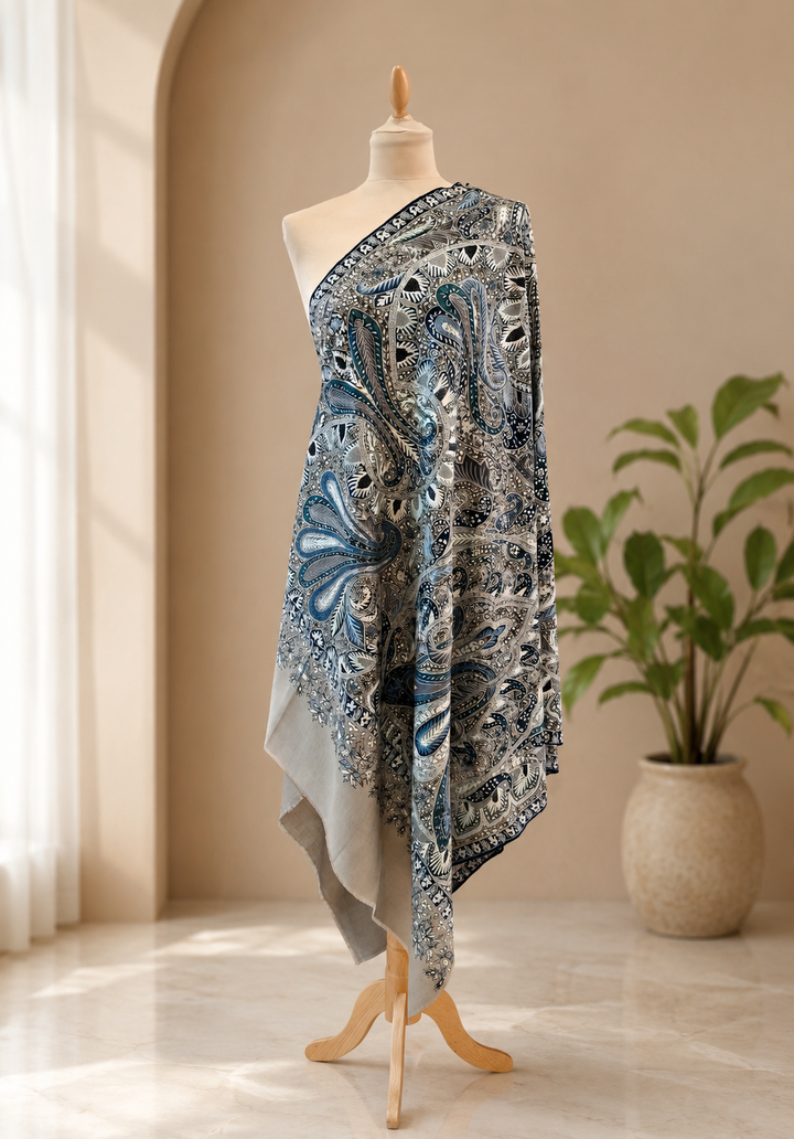 Royal Blue and Grey Sozni Hand-Embroidered Jamawar Shawl|House Of Inaayat