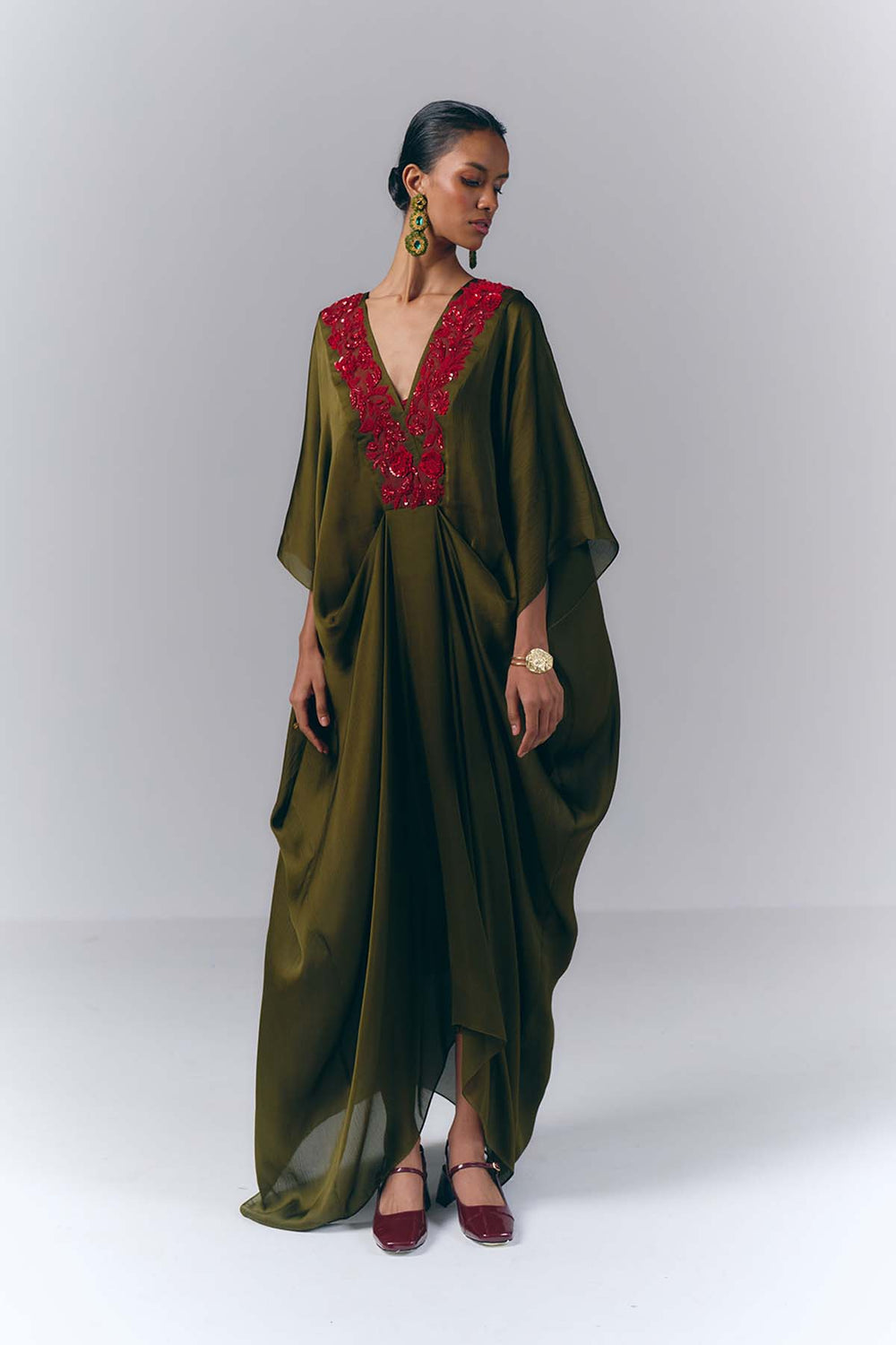 Green Embroidered Draped Kaftan|VARUN BAHL