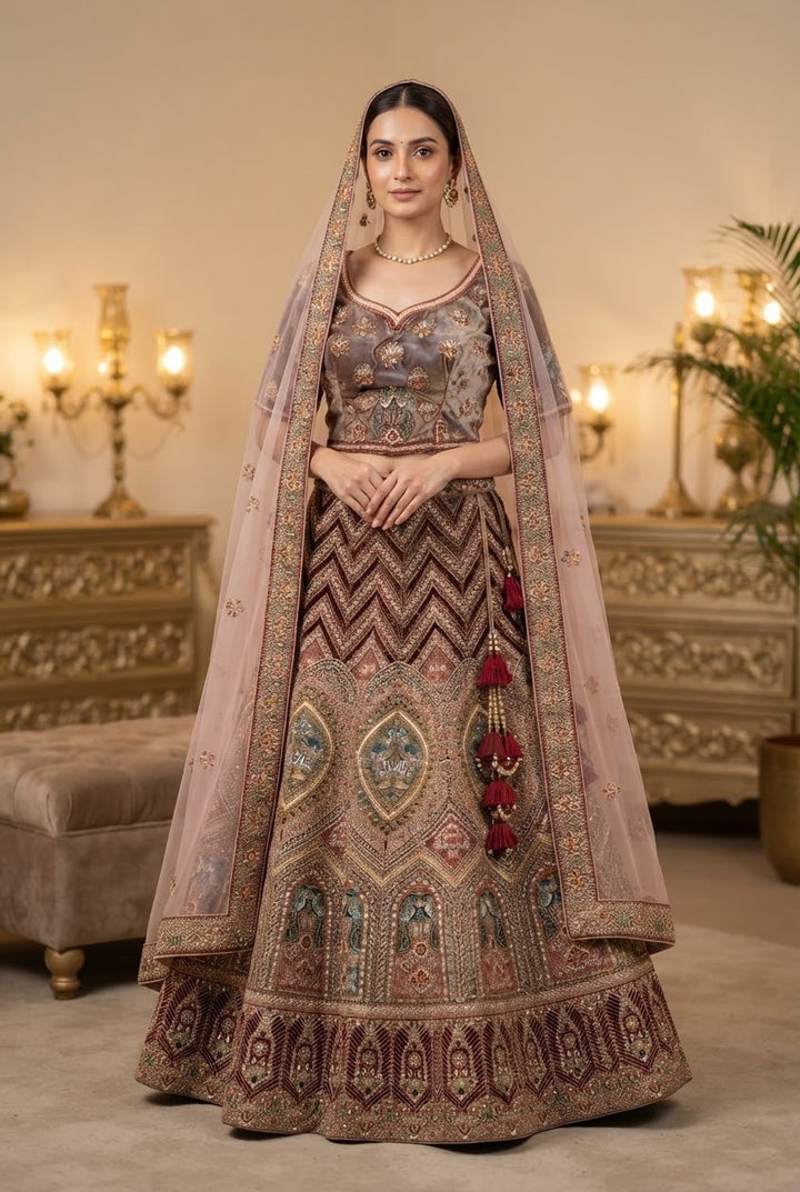 Mocha Gold Embroidered Heritage Lehenga Set | Inaayat by Divya Taimni