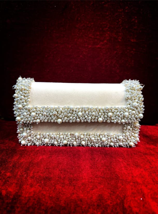 Ivory Pearl-Bordered Evening Flap Bag| Al Falah