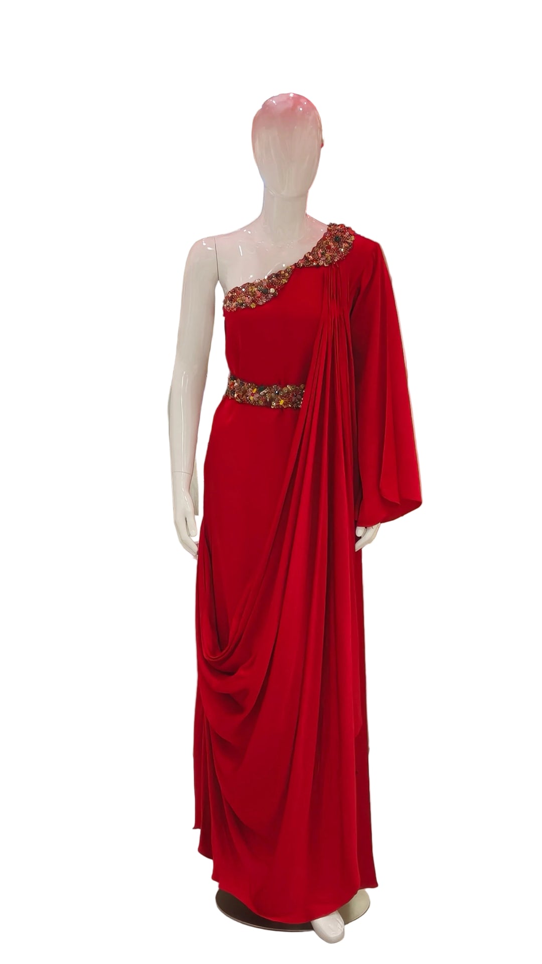Red Embellished One-Shoulder Asymmetric Gown with Matching Belt | Label Pramila