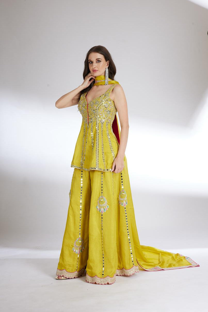 Yellow Embellished Peplum Top and Flowy Pant Set| AURAROZE