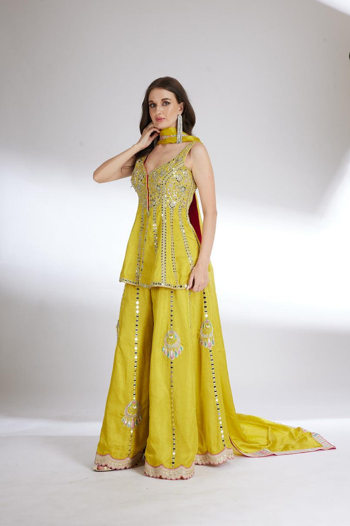 Yellow Embellished Peplum Top and Flowy Pant Set| AURAROZE