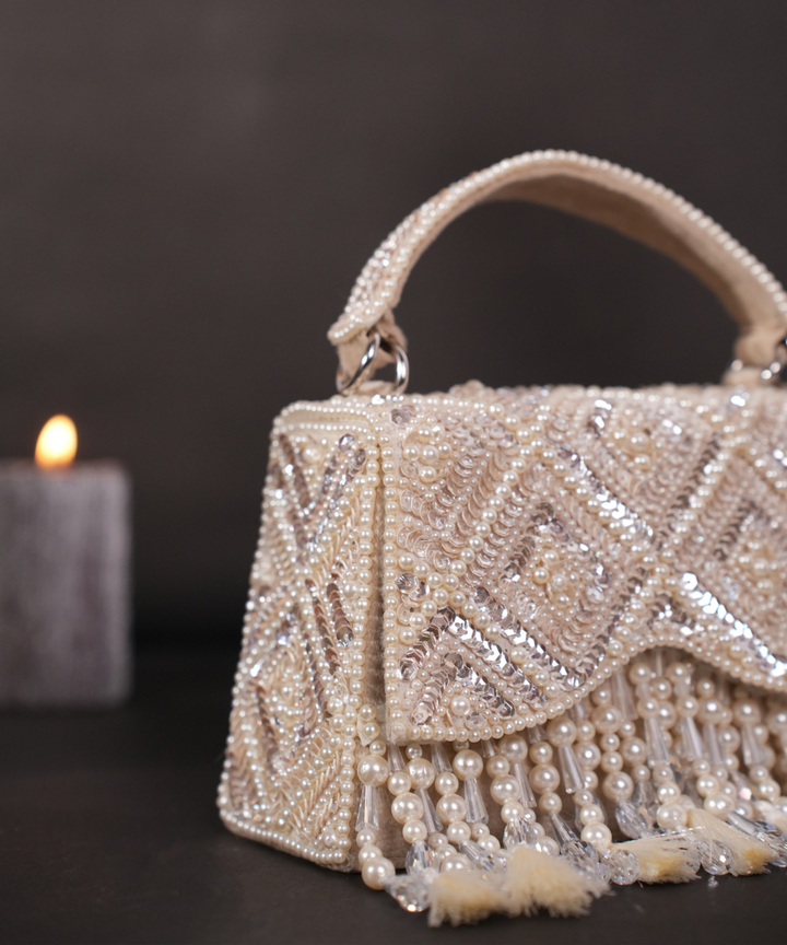 Shimmering Pearl and Crystal Beaded Evening Bag| Al Falah