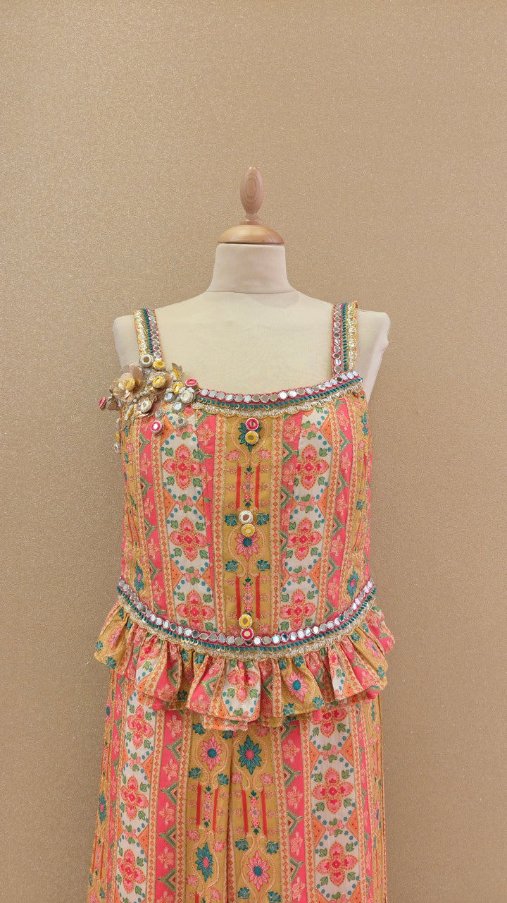 Yellow Printed Frill Top & Straight Pants Set| Private Collection